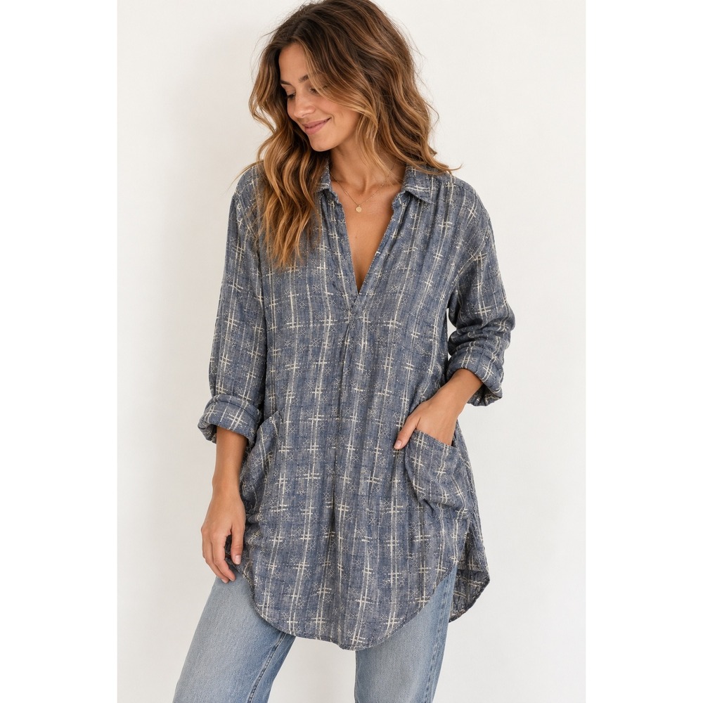 CP Shades x Free People Teton Tunic Blue Linen Geometric Print XS Made in USA